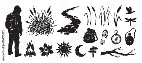 Collection of black hiking and camping silhouettes in a rustic woodcut style, featuring a hiker, campfire, compass, backpack, and various nature elements for outdoor adventure themes
