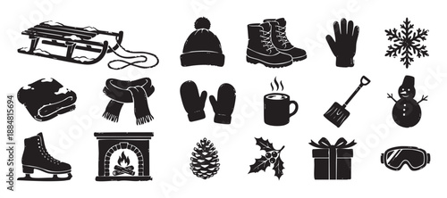 Collection of black winter holiday icons with a rustic hand-drawn texture, featuring a sled, snowman, fireplace, and other seasonal elements for festive design
