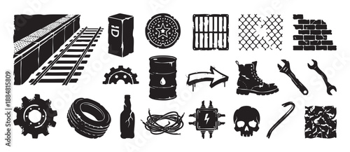 Set of urban industrial grunge vector elements including a skull, combat boot, oil drum, wrench, and railway tracks in a distressed black and white stencil style illustration