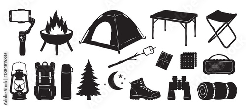 Collection of black camping equipment icons including a tent, backpack, campfire, and lantern in a hand-drawn, rustic stamp style for outdoor adventure and tourism concepts