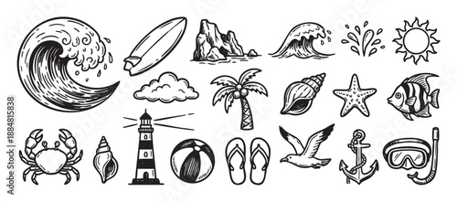 Set of hand-drawn summer beach icons with a wave, surfboard, palm tree, and lighthouse in a black and white vintage sketch style for vacation and travel concepts