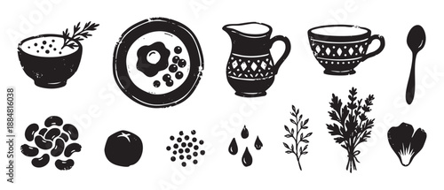 Hand drawn food and kitchenware illustration set with a distressed, rustic linocut style showing breakfast items like fried egg, soup, beans, herbs, and a patterned cup