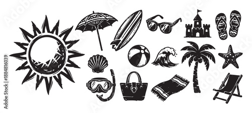 Black and white summer vacation icon set with a hand-drawn linocut texture featuring a sun, surfboard, palm tree, sandcastle, and various beach accessories