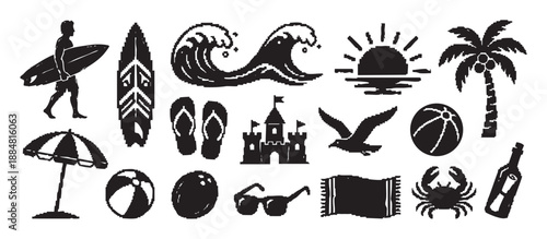 Collection of black pixelated beach icons for summer vacation themes, featuring a surfer, wave, palm tree, sandcastle, and other tropical travel symbols