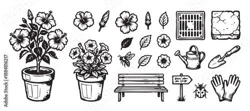 Collection of black and white gardening icons in a vintage woodcut style, featuring potted flowers, tools like a watering can and trowel, a bench, and insects