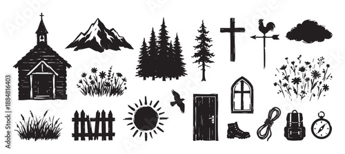 Collection of hand-drawn rustic icons featuring a church, mountains, trees, and hiking gear in a black silhouette woodcut style for nature and travel themes