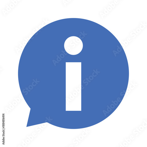 Blue information icon vector. Flat speech bubble with letter i inside. Simple help and support symbol. FAQ or customer service logo design. About us button isolated on white background.