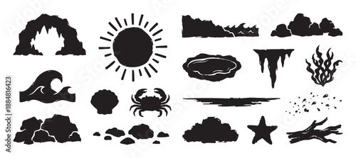 Large set of black hand-drawn nature icons with a grunge texture, featuring a sun, wave, crab, cave, seashell, and other beach elements in a stamp style illustration