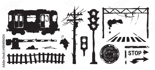 Black grunge style illustration set of urban and railroad elements featuring a train car, traffic light, railway tracks, and street signs in a hand-drawn ink wash design