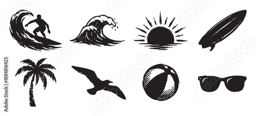 Collection of black summer beach icons with a grunge texture shows a surfer, wave, sun, surfboard, palm tree, bird, beach ball, and sunglasses in a hand-drawn vector style