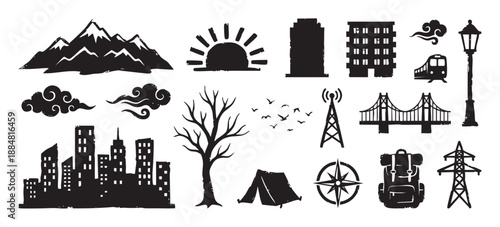 Diverse collection of black grunge stamp icons representing city life, nature, and travel themes including mountains, buildings, a tent, and a compass for adventure concepts