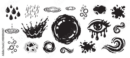 Set of hand-drawn black grunge liquid elements featuring water drops, splashes, ripples, bubbles, ink splatters, and a crying eye with tears, rendered in a distressed stamp texture