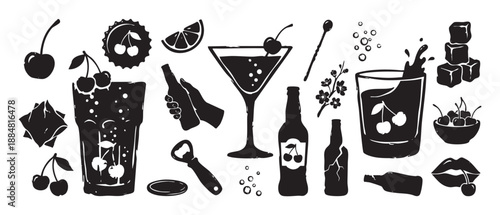 Set of black cherry drink illustrations in a hand-drawn silhouette style showing various bar elements like a cocktail, bottle, fruit garnish, and ice cubes for a party concept
