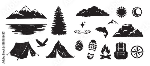 Set of black camping and hiking icons in a rustic silhouette style showing a mountain, tent, campfire, backpack, compass, pine tree, and other outdoor adventure elements