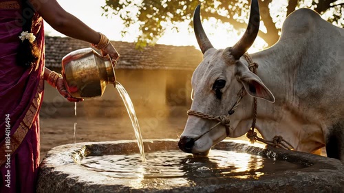 Beautiful scene of a rural indian woman pouring fresh water from a traditional brass pot into a stone trough for her zebu bull, showcasing daily life in a village at golden hour