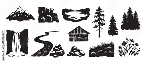 Set of black nature icons featuring a mountain, log cabin, waterfall, and pine trees in a rustic, hand-drawn linocut style for adventure and camping themes
