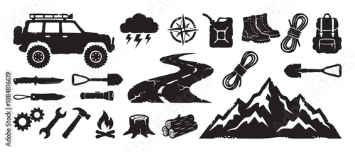 Set of black distressed silhouette icons for outdoor adventure and off-roading, with a vehicle, mountains, camping gear, survival tools, compass, and campfire elements