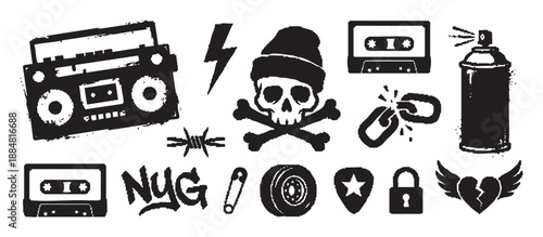 Set of black grunge punk rock symbols including a skull, boombox, spray can, and cassette tape in a distressed stencil style for urban culture and music themes