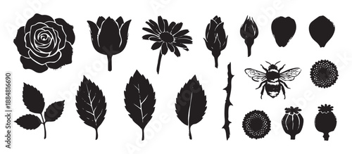 Black botanical stamp illustrations featuring various flowers like roses and daisies, a bumblebee, leaves, and poppy seed heads in a rustic, hand-drawn linocut style