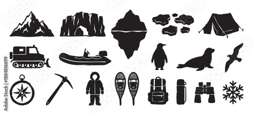 Collection of black arctic exploration icons including a penguin, seal, iceberg, snowcat, and mountaineering equipment in a stamped, hand-drawn vector illustration style