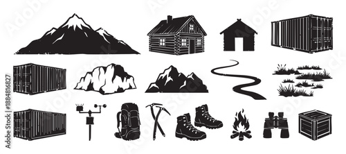 Set of black and white icons depicting outdoor adventure and exploration themes like mountains, cabins, hiking gear, and shipping containers in a rough, hand-drawn woodcut style