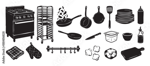 Set of hand-drawn kitchen equipment icons featuring a commercial stove, frying pan, spatula, and other cooking utensils in a black and white linocut style