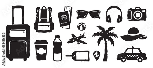 Set of black hand-drawn travel icons including a suitcase, passport, airplane, and palm tree, illustrated in a rough brush stroke style for vacation and tourism concepts