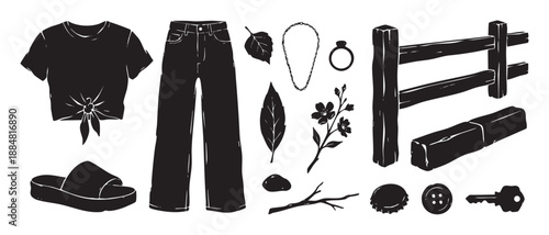 Collection of black hand-drawn objects including clothing, jewelry, and nature elements in a rustic linocut style illustration showing a casual, everyday aesthetic