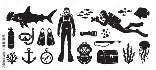 Collection of black scuba diving silhouettes including a diver, shark, fish, gear, and nautical icons in a graphic, hand-drawn illustration style for underwater adventure themes