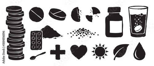 Set of black grunge-style medical icons showing various pills, a bottle, a dissolving tablet in water, a blister pack, and symbols for health, wellness, and nature