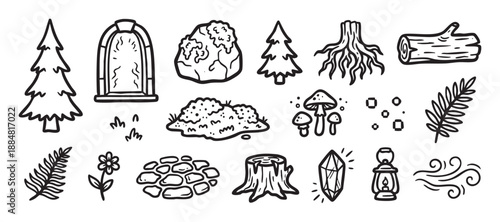 Collection of hand-drawn forest and fantasy doodle icons featuring trees, mushrooms, a magic portal, and a crystal in a simple black and white line art style for adventure themes