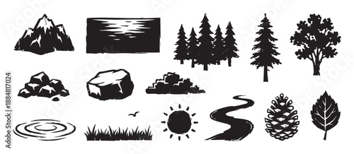 Set of black hand-drawn nature icons featuring mountains, trees, a sun, and a river in a rustic, grunge block print style for outdoor adventure themes