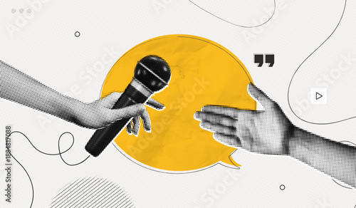 Trendy Halftone Collage Hand holding microphone for interview. Social reportage. Journalist and press. Daily news. Yellow speech bubble message. Metaphor artwork. Contemporary vector illustration art