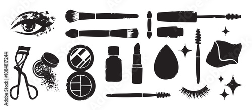 Collection of black grunge makeup icons including mascara, lipstick, brushes, and an eyelash curler in a distressed stamp style illustration set for beauty and cosmetic concepts