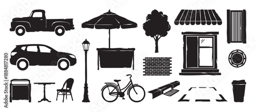 Black urban street life silhouette icons featuring a vintage truck, car, bicycle, and cafe furniture in a rustic, hand-drawn, stamp-style vector illustration