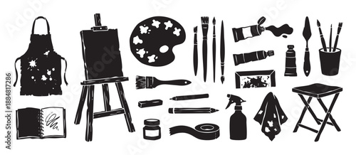 Black silhouette collection of artist's tools and supplies for painting and drawing, including an easel, palette, brushes, and paints in a graphic hand-drawn illustration style