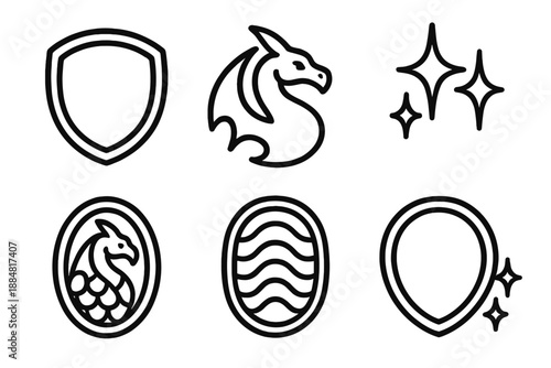 Bravedrake Shield Icon. Line style icons of Bravedrake Shield: rounded shield, small drake form, courage shine, scale ripple, rim