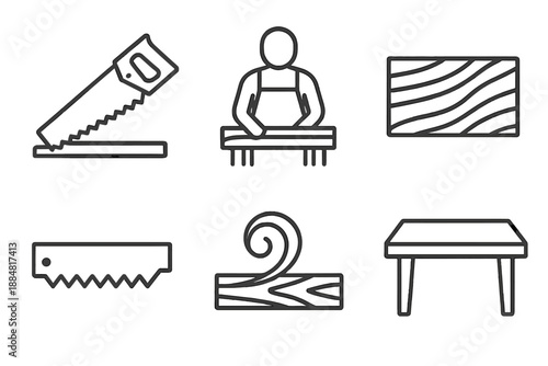 Sawbench Line Icons. Line style icons of Sawbench Timber Cut: angled saw, carpenter form, plank cut, tooth strip, shaving path,
