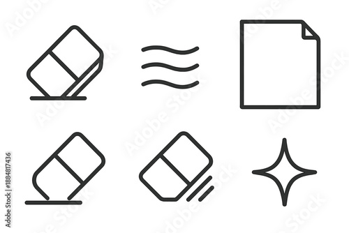 Cleanpage Eraser Icons. Line style icons of Cleanpage Eraser: angled eraser, lifted mark, empty page, rub motion, speck hint,
