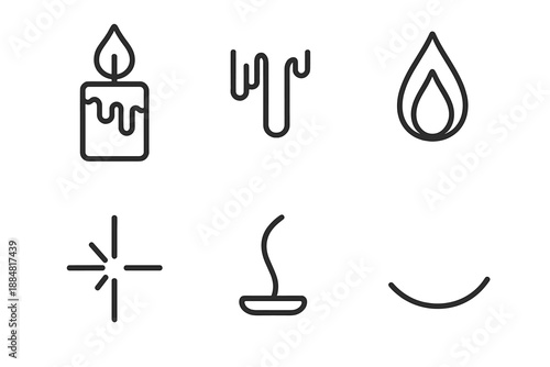 Candle Icon Silhouette. Line style icons of Waxglow Light Scene: candle silhouette, dripping lines, flame tip, wick detail, shine