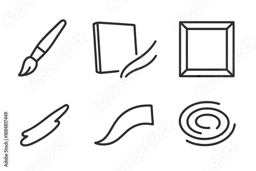 Art Supplies Icons. Line style icons of Artstroke Canvas Flow: angled brush, stretched canvas, flowing arc, wood frame, stroke