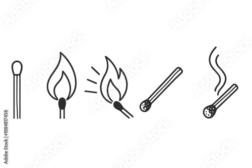 Matchstick Ignition Icons. Line style icons of Firestart Matchstick: match silhouette, fire rise, ignition sweep, stick grain,