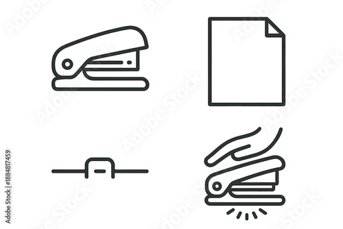 Staple Craft Icons. Line style icons of Staple Bind Craft: compact stapler, aligned paper, joining line, staple hint, handle sweep