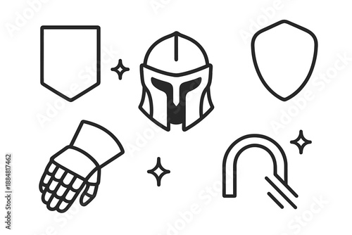 Steelforge Armor Icons. Line style icons of Steelforge Armor: forged plate, helm front, steel contour, gauntlet detail, crest arc,