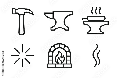Smithing Icon Set. Line style icons of Smith Hammer Heat: hammer profile, iron anvil, heated metal, flare spark, forge glow,