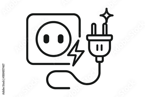 Socketline Charge Icons. Line style icons of Socketline Charge: outlet shape, connected plug, energy arc, cable bend, prong trace,
