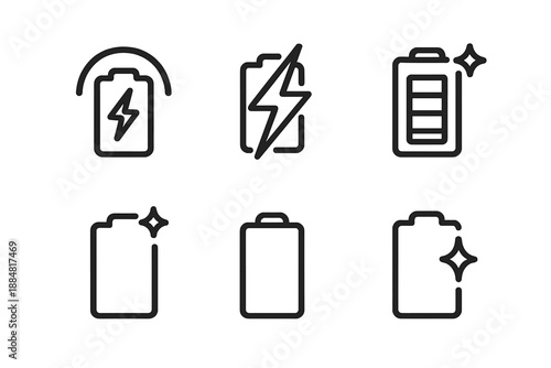 Line Style Battery Icons. Line style icons of Boltcharge Battery: battery arc, bolt slash, bright bar set, cap line, energy flick,