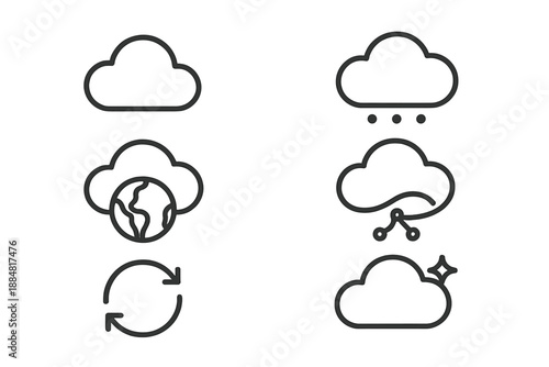 Cloud Data Icons. Line style icons of Datacloud World: cloud outline, data dots, world curve, connection sweep, sync mark, gentle