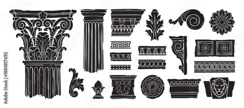 Collection of black classical architectural elements featuring a Corinthian capital, column, friezes, and rosettes in a distressed, hand-drawn woodcut illustration style