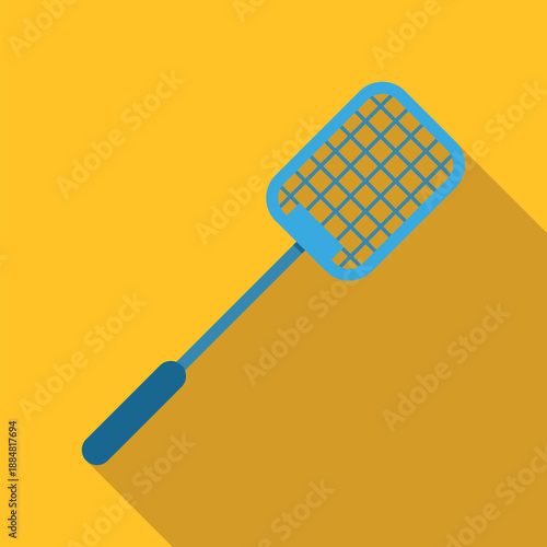 Blue fly swatter tool with long shadow on an orange background